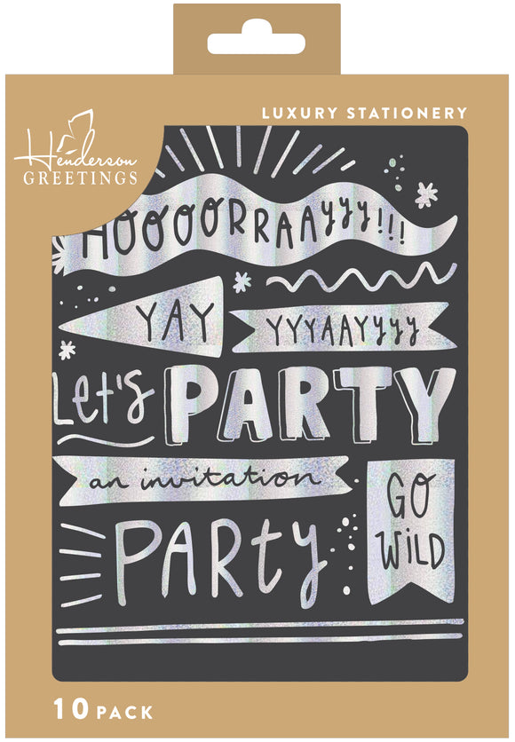 Stationery party invitations (10 pack) - Silver Sparkle Party Banners on Black